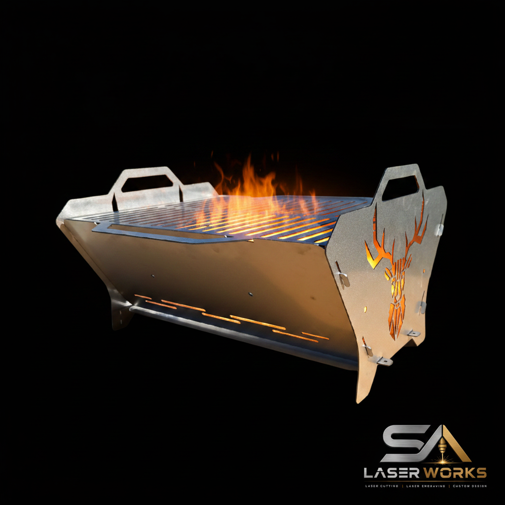 SA Laser Works Deer Braai hero shot dark background fire glow
